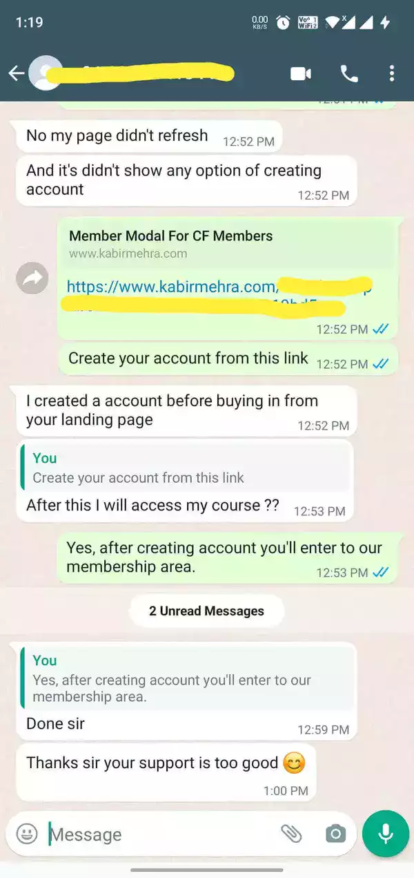 WhatsApp student feedback screenshot